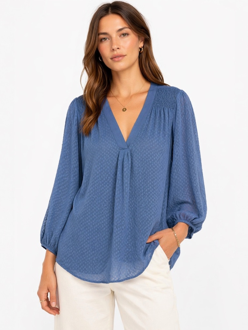 Pleione Nordstrom Blue Textured‎ Blouse Sheer V Neck Peasant Top Size Large